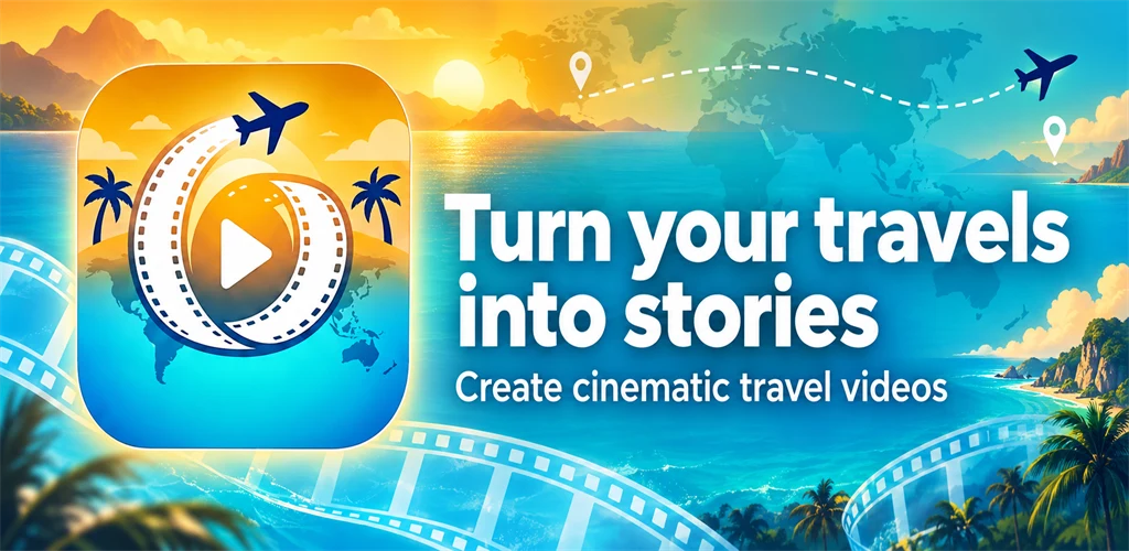 FlyVibe app icon with the words: Turn your travels into stories. Create cinematic travel videos.
