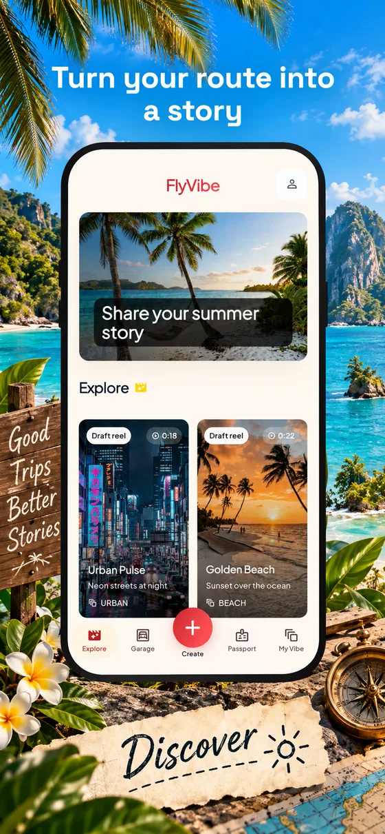 FlyVibe Explore tab with draft reels and the headline: Turn your route into a story