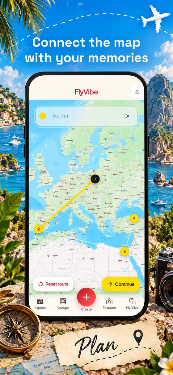 A route across Europe and North Africa with four numbered map points