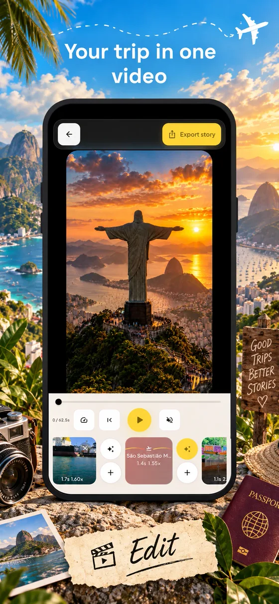 The editor playing a Rio de Janeiro clip with a timeline of clips and transitions