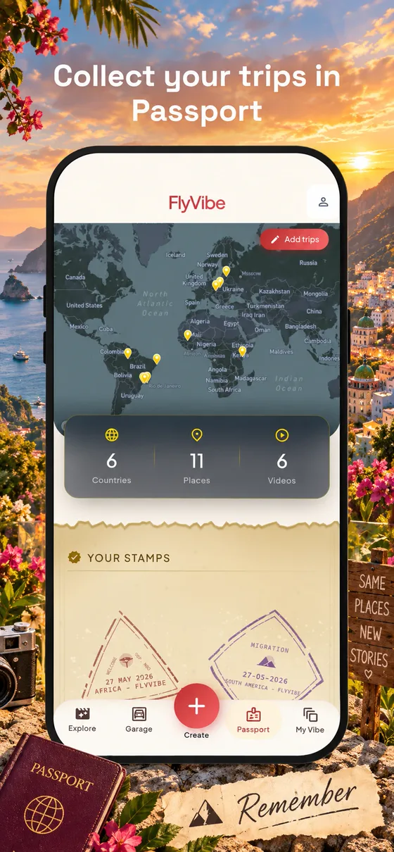 Passport screen showing 6 countries, 11 places, 6 videos and travel stamps